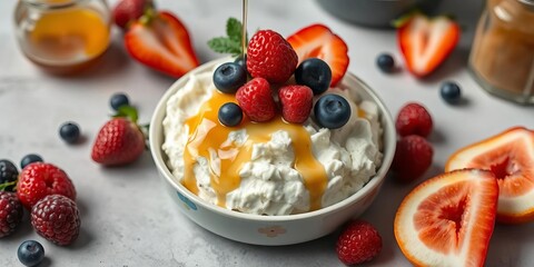 Creamy cottage cheese topped with vibrant berries and a drizzle of honey, breakfast on a light grey table,  sweet,  overhead