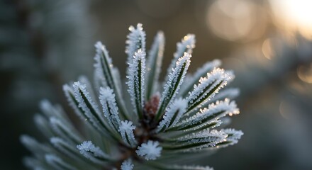 Close-up of a pine tree branch covered in delicate frost crystals, illuminated by soft sunlight creating a bokeh effect in the background.