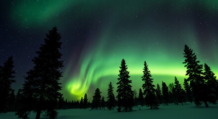 Vibrant green aurora borealis illuminating a snow-covered forest at night under a starry sky.