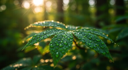 Close-up of a vibrant green leaf glistening with water droplets in the sunlight.