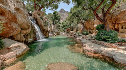 Serene Waterfall and Pool in Lush Rocky Landscape