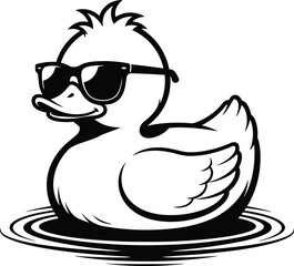A cartoon duck wearing sunglasses floating on water with ripples in a black and white illustration style