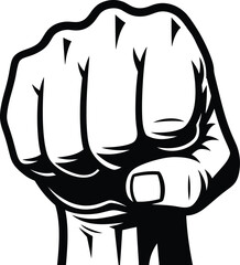 A graphic illustration of a clenched fist in black and white against a plain white background space