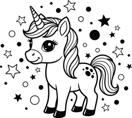 A cute cartoon unicorn with stars and circles in black and white for coloring or decoration use case