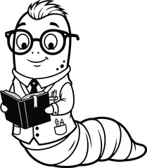Cartoon worm wearing glasses and a suit reading a book in black and white on a white background