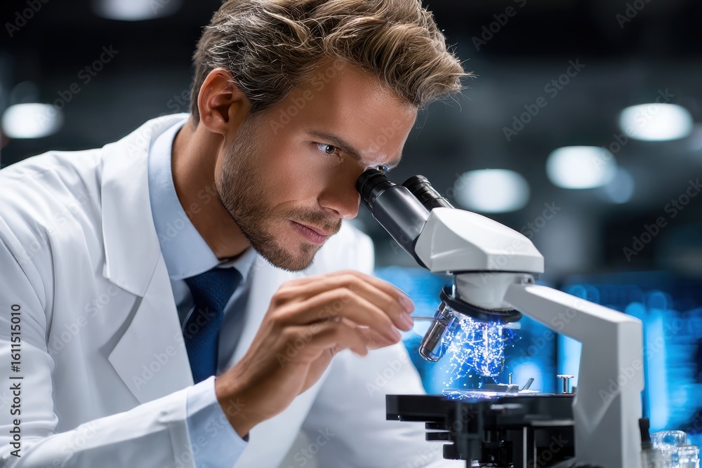 Poster scientist examines samples under a microscope in high-tech laboratory environment