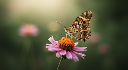 A painted lady butterfly rests on a pink coneflower, its wings displayed against a soft, blurred green background.