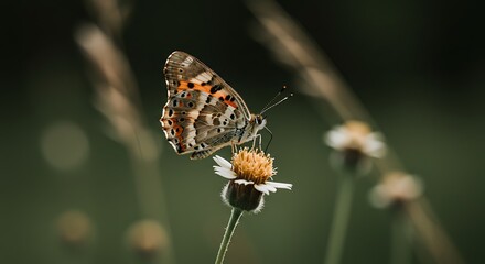 A painted lady butterfly rests on a small white and yellow flower, surrounded by blurred green foliage and grass.