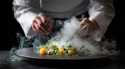 Chef plating molecular cuisine with vapor effect