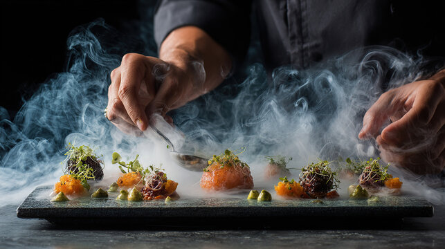 Chef presenting molecular cuisine with vapor effect
