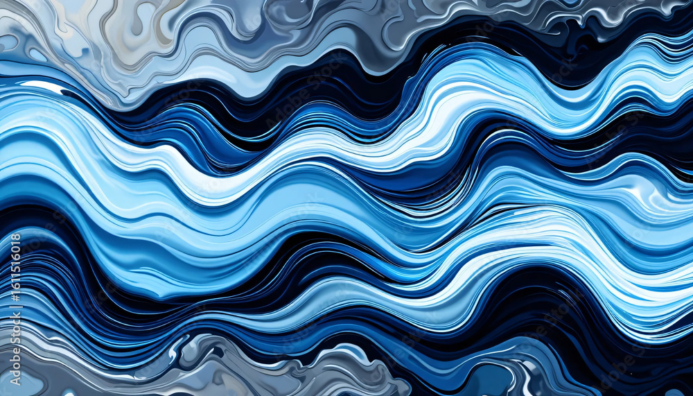 Poster layers of blue and white waves overlapping in an artistic fluid abstract composition