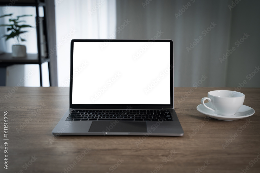 Poster laptop with blank screen on table. workspace background new project on laptop computer with blank co