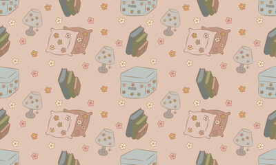 Pastel Storage Pattern Cozy Baskets, Books and Lamps Seamless