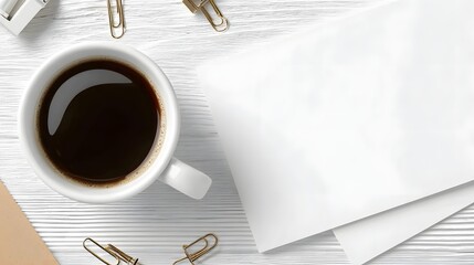 White paper sheets and a cup of coffee on a light wooden table.