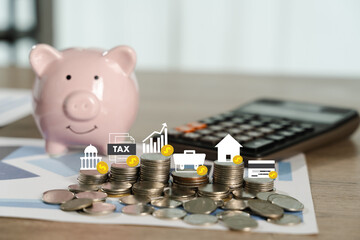 Personal finance Loan pink piggy bank with coins, calculator, and financial icons representing...