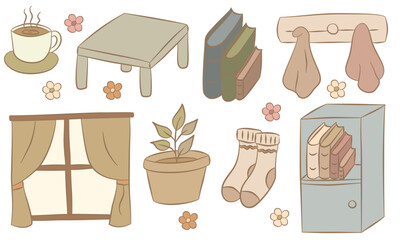 Warm Toned Indoor Scene Clipart ,Window, Books & Plants