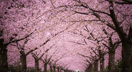 A pathway lined with blossoming cherry trees in full bloom, creating a vibrant pink tunnel.