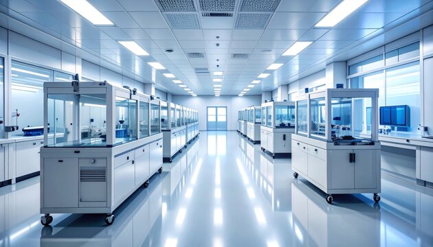 Pristine laboratory corridor with symmetrical workstations and cool, reflective light.