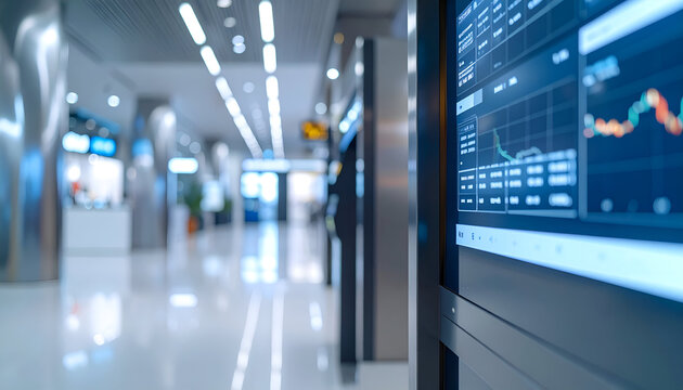 Monitor displays stock market data in a spacious, modern hallway bringing finance to everyday life - Powered by Adobe