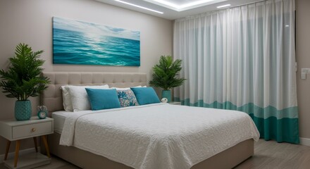 A Comfortable Bed with White Sheets and Blue Pillows in a Modern Bedroom with Nautical Art