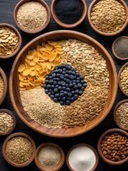 Various natural organic cereal and whole grains seed in wooden bowl for healthy food ingredient product concept.