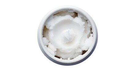 Top-Down View of Pure Coconut Oil in a Jar, a Healthy Fat for a Ketogenic Diet, Isolated on White Background.