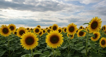 A vast sunflower field under a partly cloudy sky.