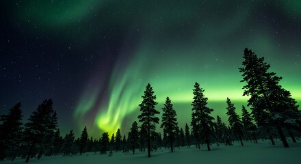 Northern Lights illuminate a snowy forest at night.