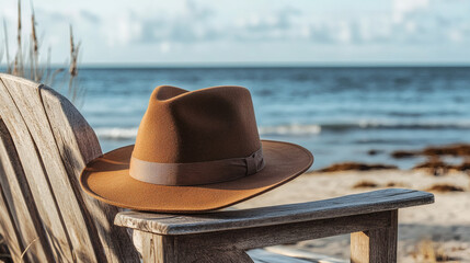 A brown hat rests on a beach chair overlooking the ocean.