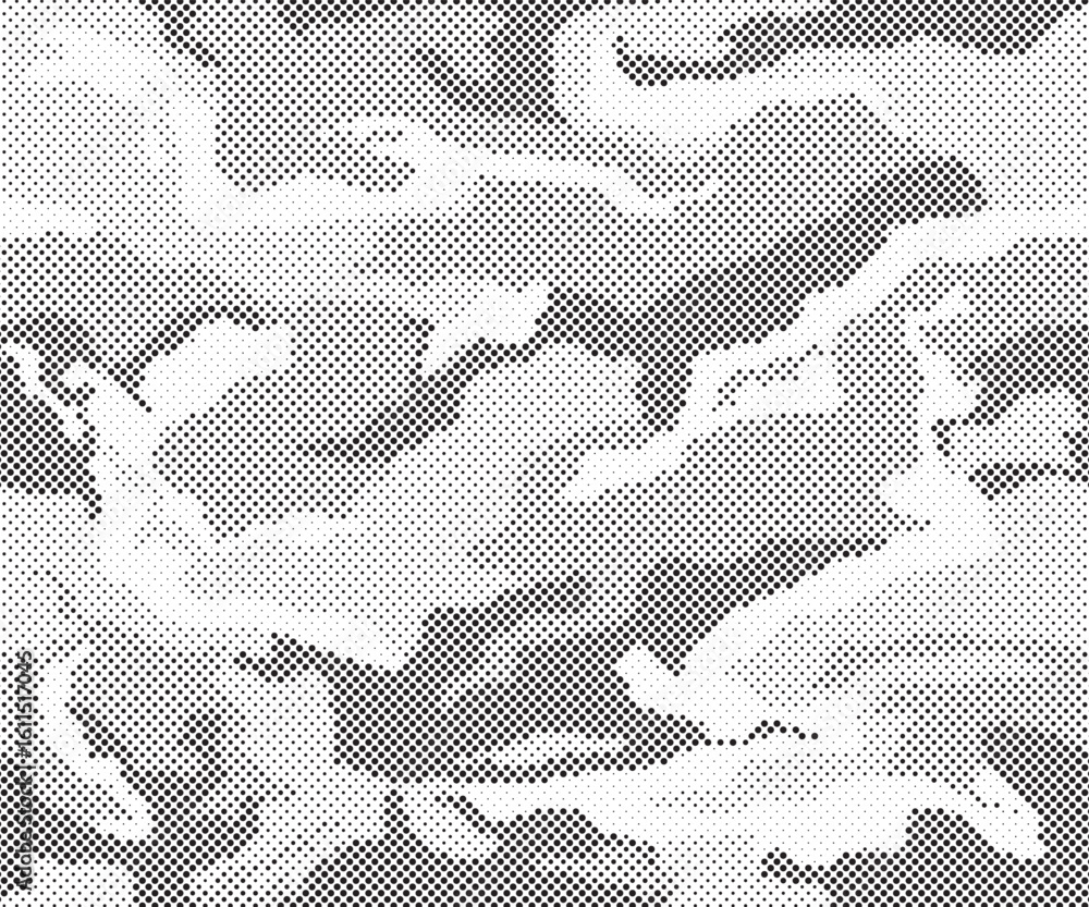 Poster abstract halftone seamless camouflage pattern. repeating digital dotted hexagonal camo military text