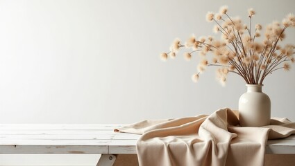 Beige Aesthetic Product Background with Dried Flowers and Fabric – Minimal Backdrop for Branding Photography