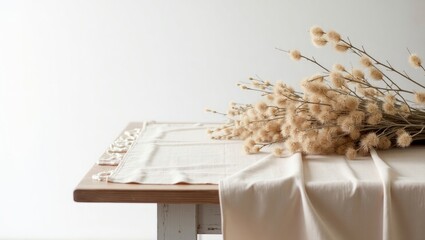 Beige Aesthetic Product Background with Dried Flowers and Fabric – Minimal Backdrop for Branding Photography