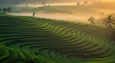 Sunrise over lush terraced rice paddies in Indonesia.