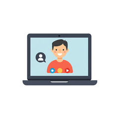 A laptop screen displays a smiling person engaged in a video call, communicating.