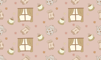 Warm Home Comfort Pattern ,Windows, Socks and Mugs Seamless