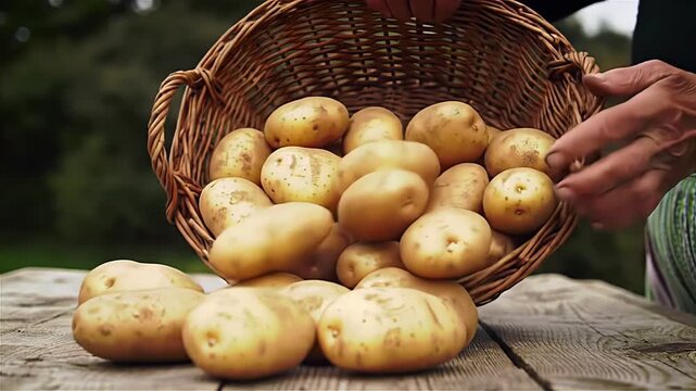 Slow motion video of farmer hands pouring fresh harvested potatoes from a wicker basket onto a wooden table
