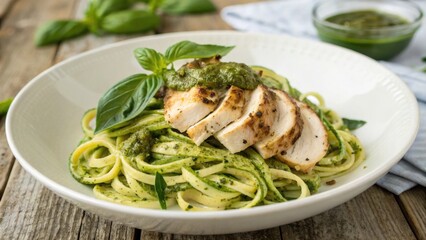 keto meal presentation concept. Delicious plate of grilled chicken on pesto pasta garnished with fresh basil.