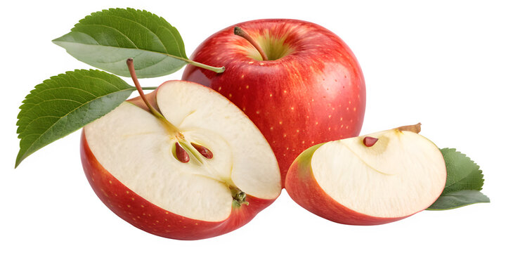 Fresh red apples with leaves and slices on black background