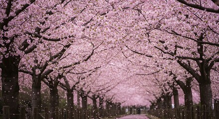 A picturesque path canopied by a breathtaking tunnel of blossoming cherry trees.