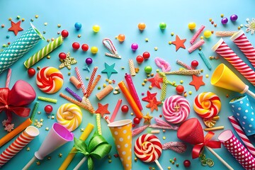 Obraz premium A vibrant collection of assorted candies lollipops and party favors scattered across a bright blue background