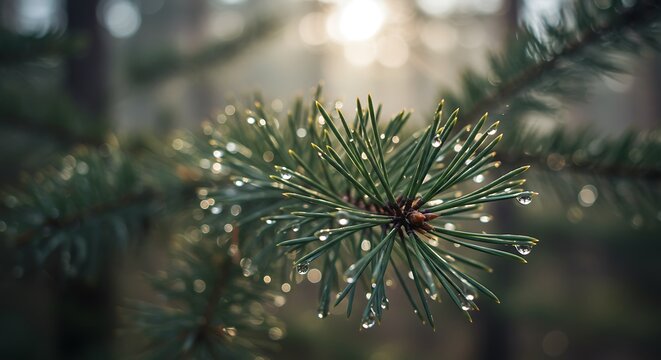 Sunlit pine needles glistening with morning dew, forest background.