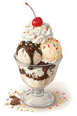 Delicious ice cream sundae with whipped cream and cherry