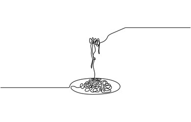 Continuous one line drawing of Pasta and spaghetti. Single line drawing illustration of Noodle on plate with fork, Italian spaghetti noodle for web banner and food delivery service in simple line.