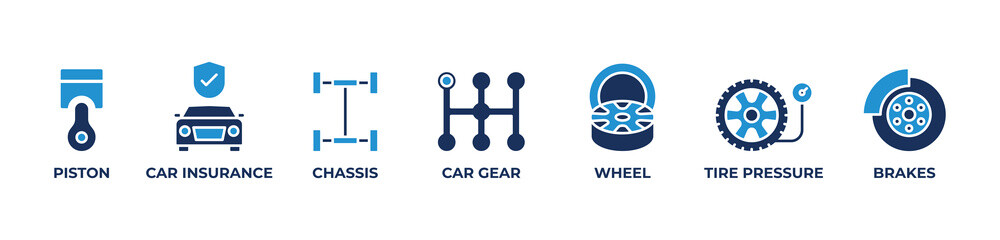 Complete Vehicle Assurance Icons set vector illustration blue  with Piston, Car insurance, Chassis, Car gear, Wheel, Tire pressure, Brakes