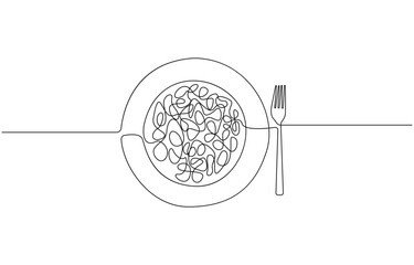 Continuous one line drawing of Pasta and spaghetti. Single line drawing illustration of Noodle on plate with fork, Italian spaghetti noodle for web banner and food delivery service in simple line.
