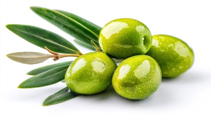 Obraz premium Delicious green olives with leaves, isolated on white background