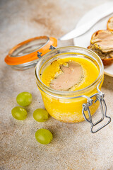 Foie gras goose liver appetizer delicacy fresh delicious gourmet food background on the table...
