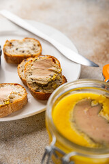 Foie gras goose liver appetizer delicacy fresh delicious gourmet food background on the table...