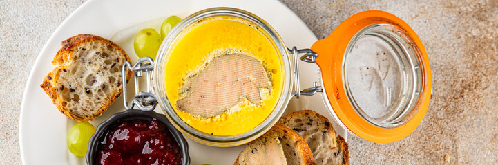 Foie gras goose liver appetizer delicacy fresh delicious gourmet food background on the table...
