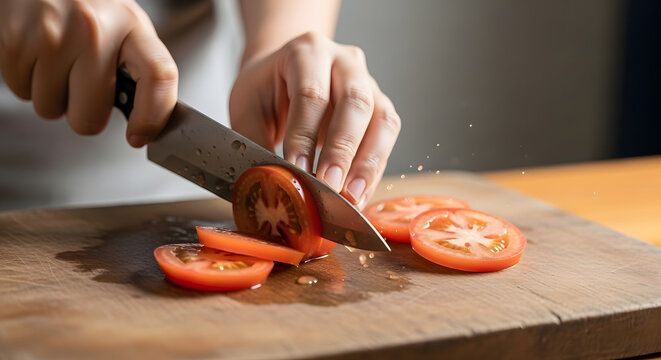Close-up of a person's hands slicing a fresh red tomato on a wooden cutting board.